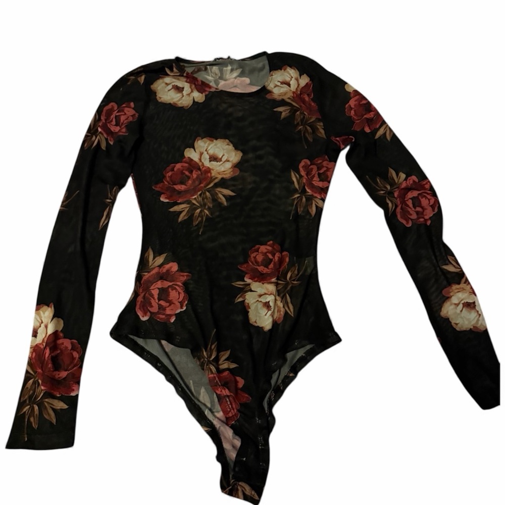 Charlotte Russe Floral Long Sleeve Bodysuit - Black and Beige